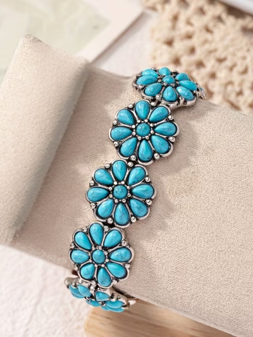 Boho Southwestern Turquoise Desert Squash Blossom Flower Stretch Bracelet Rustic